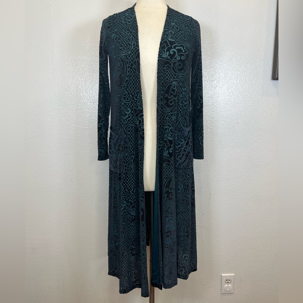 LuLaRoe Sarah Cardigan Teal‎ Black Floral Texture Velvet Print Size S